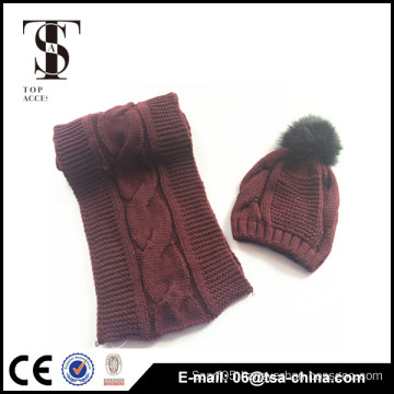 wholesale women's knit hat and scarf sets with pom pom